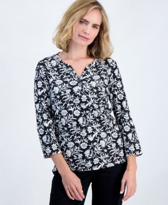 Petite Glistening Flora 3/4-Sleeve Henley Top