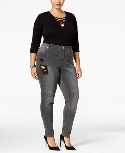 mblm by Tess Holliday Trendy Plus Size Lace-Up Bodysuit & Skinny Jeans
