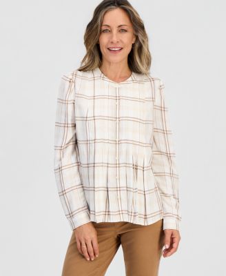 Petite Long-Sleeve Plaid Band-Collar Button-Up Blouse