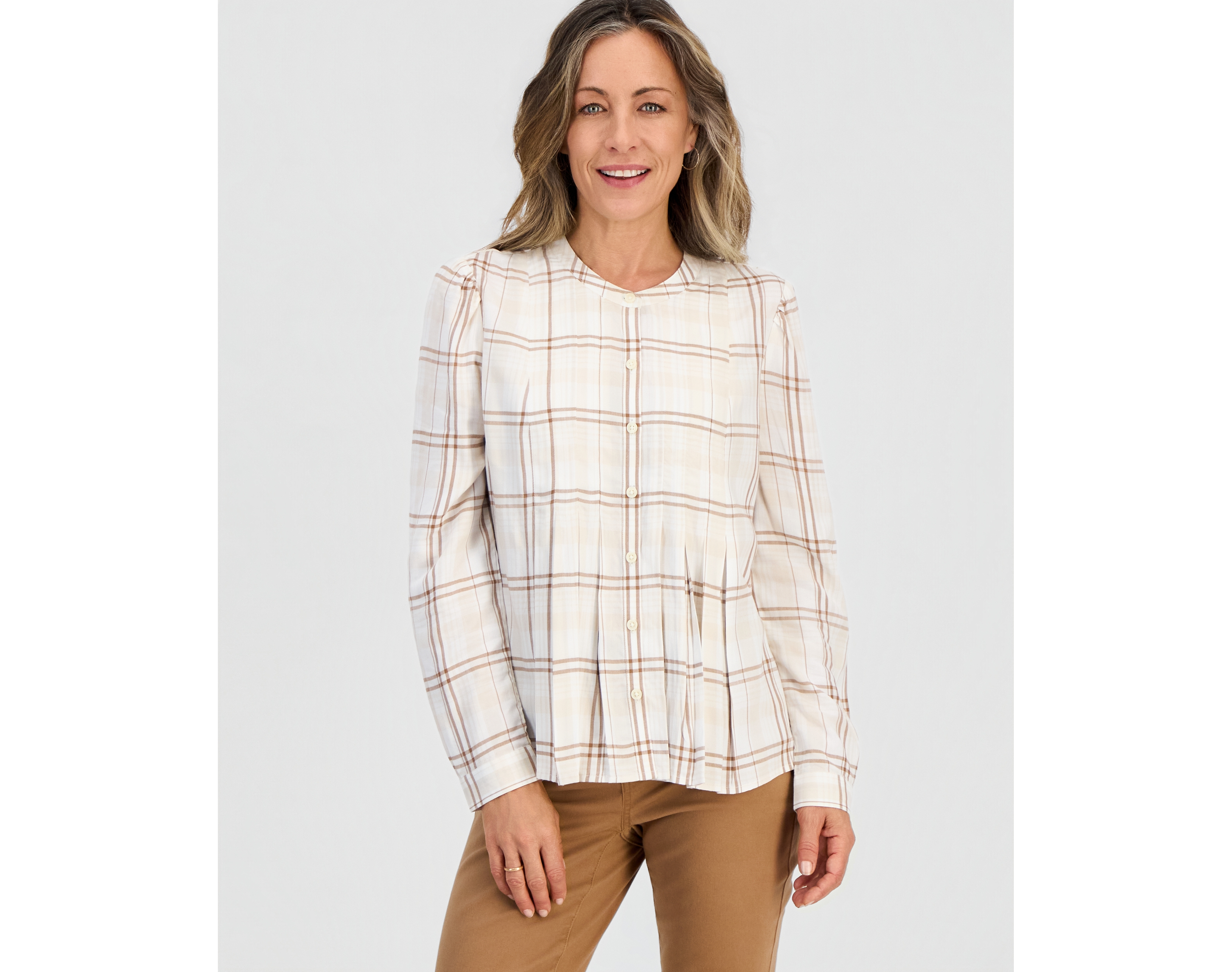 Style & Co Petite Long-Sleeve Plaid Band-Collar Button-Up Blouse, Macy's Exclusive