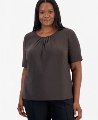 Plus Size Box-Pleat Elbow-Sleeve Blouse