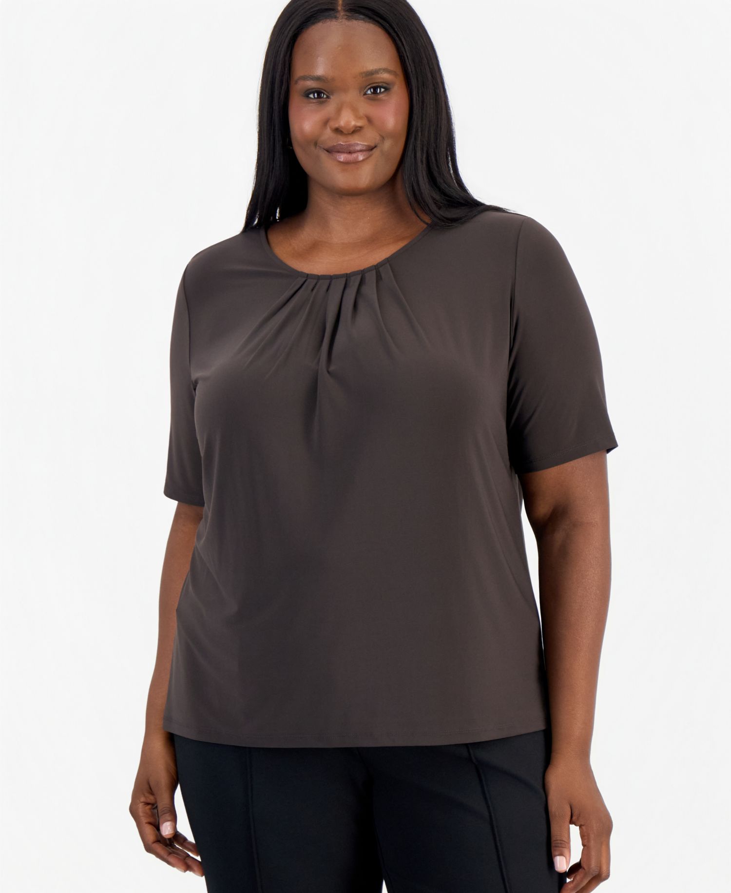 Plus Size Box-Pleat Elbow-Sleeve Blouse