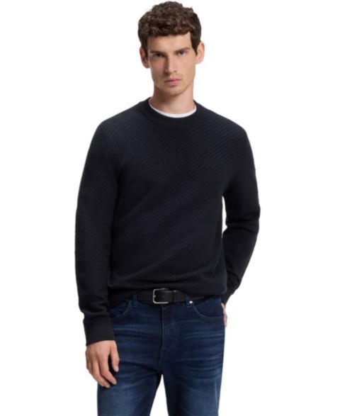 Мужской свитер Hugo Boss Cotton Diagonal-Knit Regular-Fit, цвет: Тёмный синий