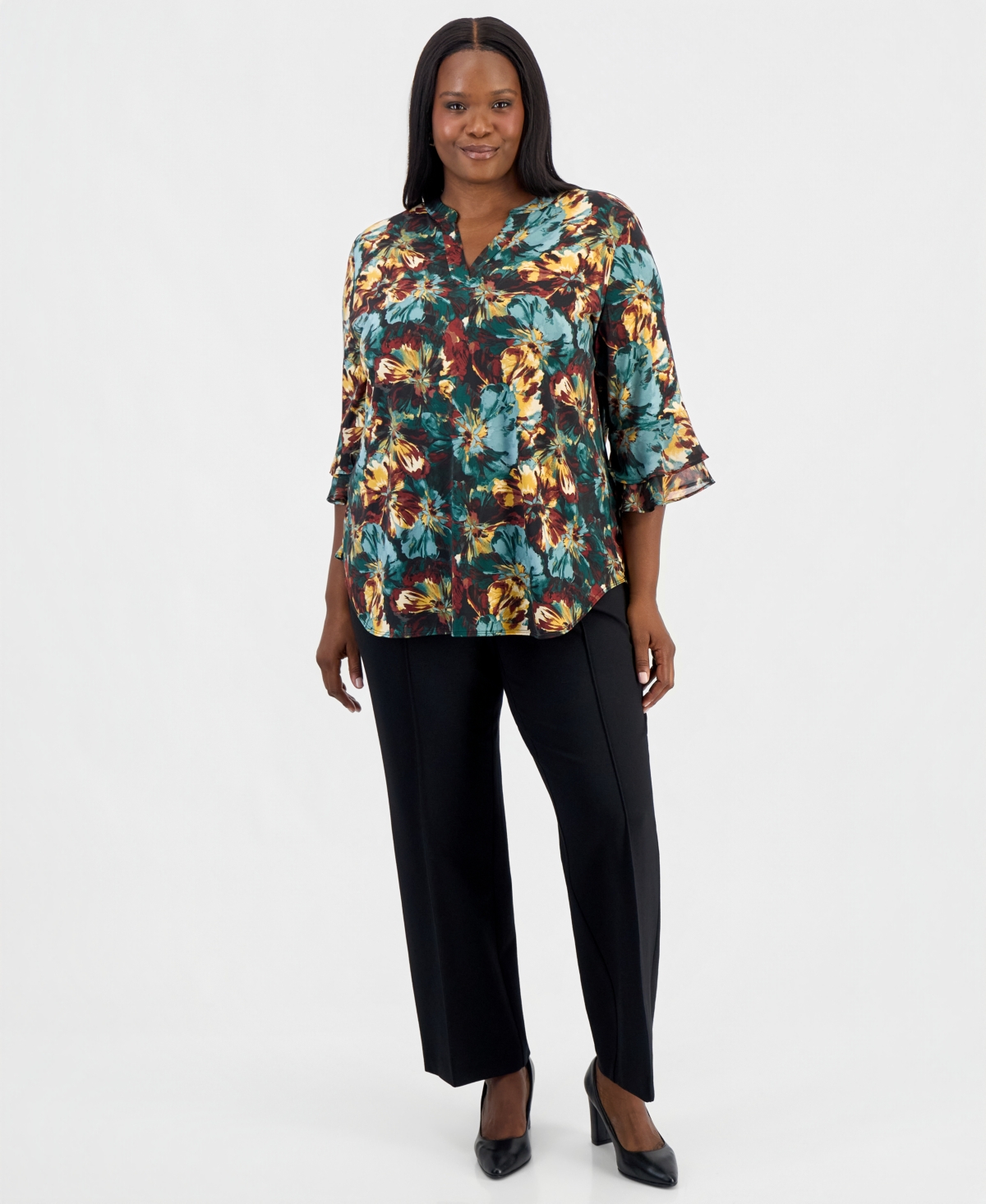 Kasper Plus Floral-Print Split-Neck Flutter-Sleeve Tunic