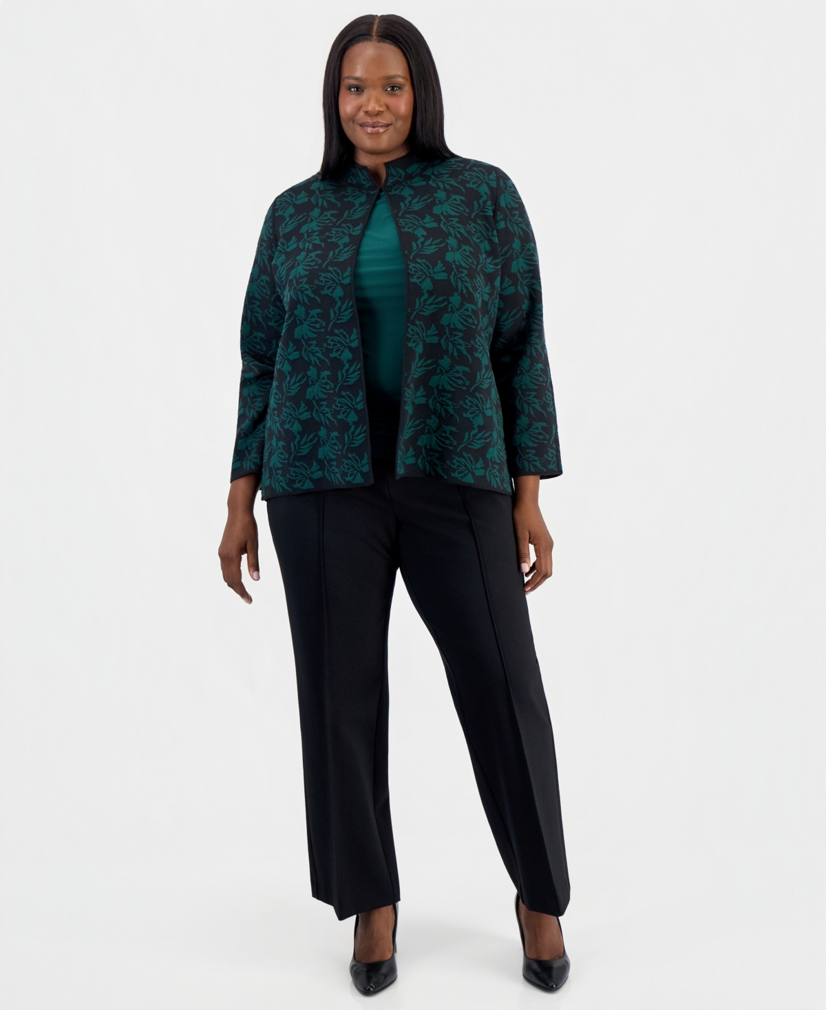 Kasper Women's Plus Kissing Front Cardigan Jacquard Floral Mock Neck