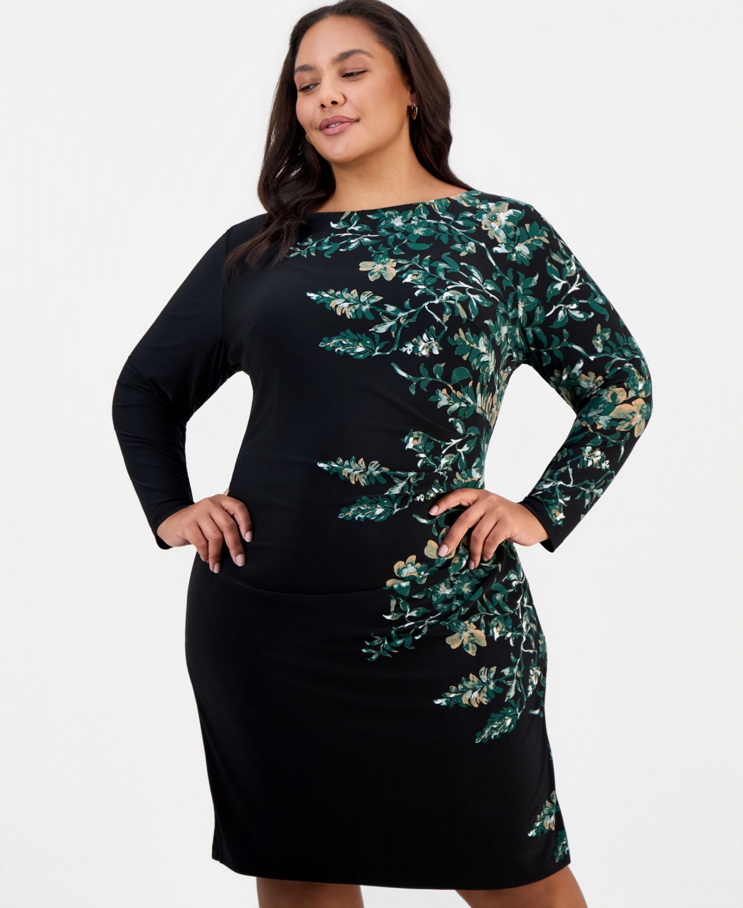 Plus Size Long Sleeve Floral Side Pleat Dress