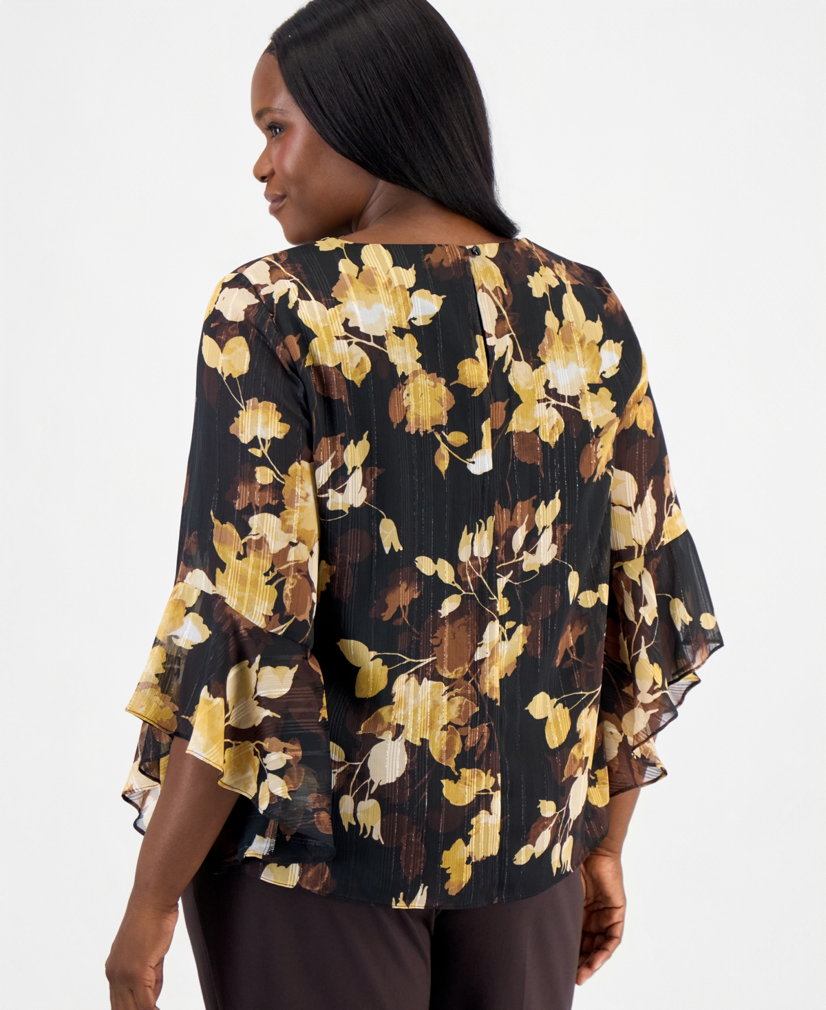 Kasper Plus Floral Ruffled-Sleeve Blouse