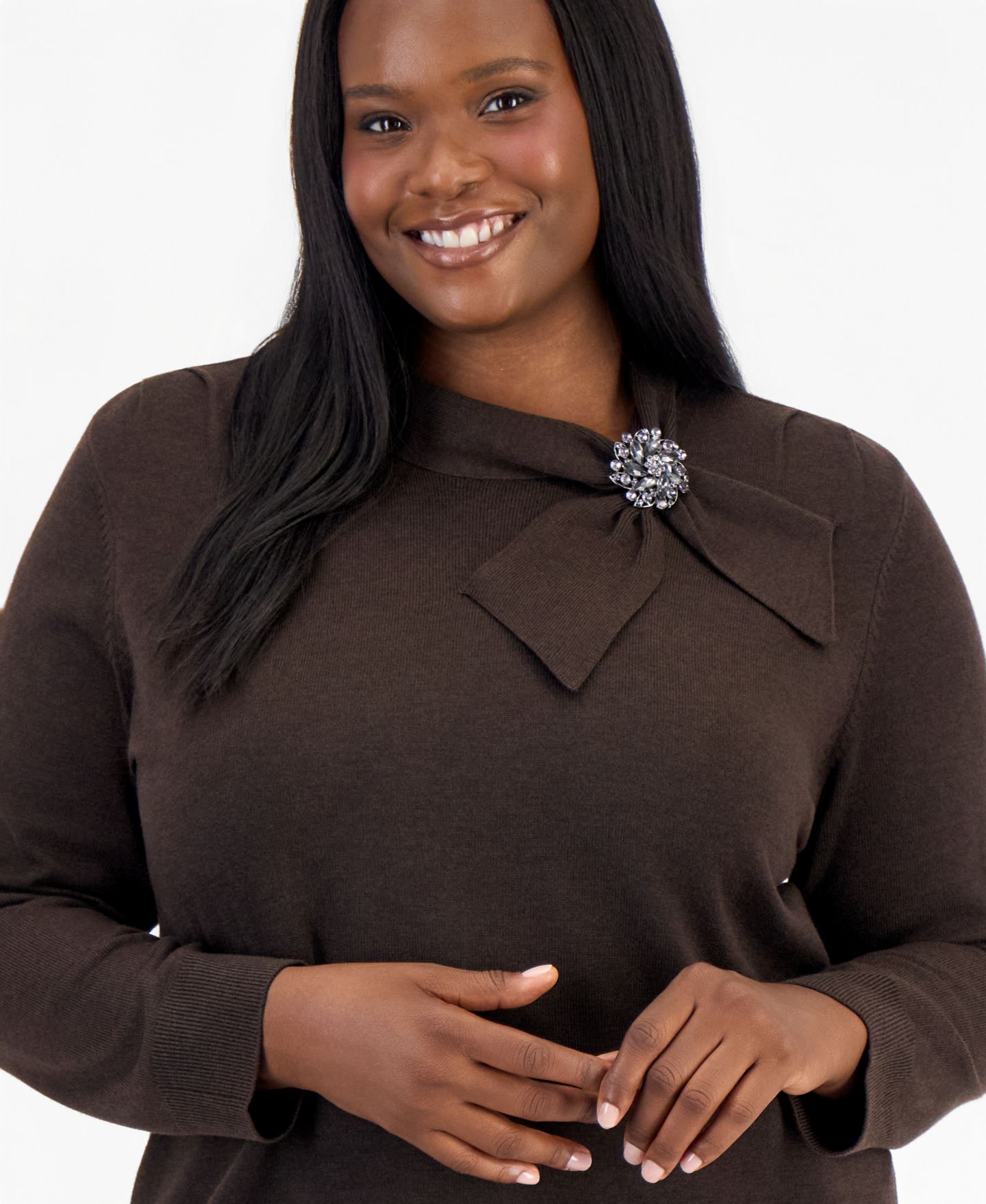 Женский свитер Kasper Plus Size Tie-Neck Pleated-Shoulder, цвет: Насыщенный шоколадный — фото 3