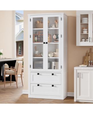 71 Inch Tall Kitchen Pantry Cabinet with Glass Doors, 2 Drawers and Adjustable Shelves