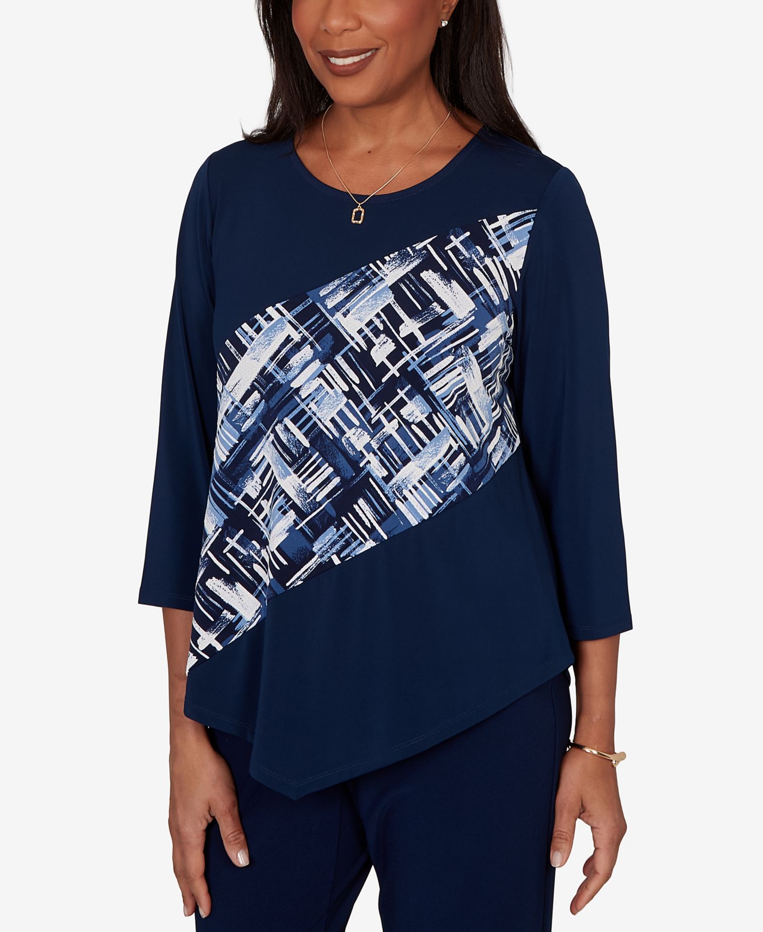 Petite Etched Plaid Diagonal Puff Printed Top