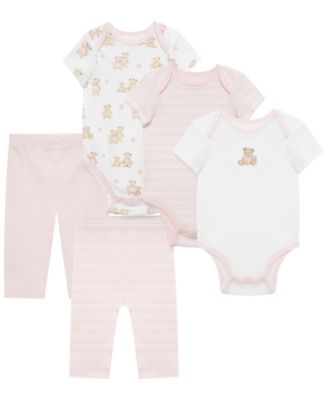Baby Girls' Cotton Short-Sleeve Bodysuit and Pants, 5-Piece Set