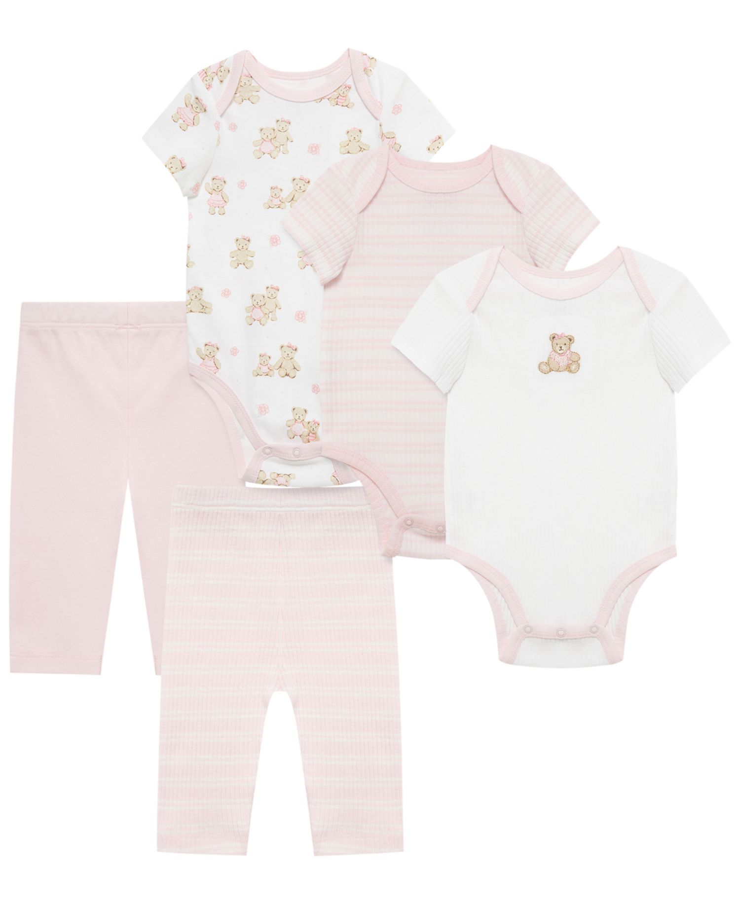 Baby Girls' Cotton Short-Sleeve Bodysuit and Pants, 5-Piece Set