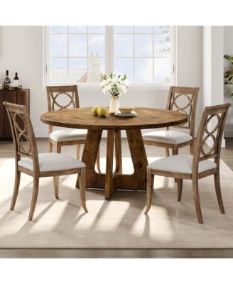  47 in Round Large Dining Table Set for 4 to 6, Farmhouse Dinner Table with Wooden Top and Legs for Home Dining Room or Living Room