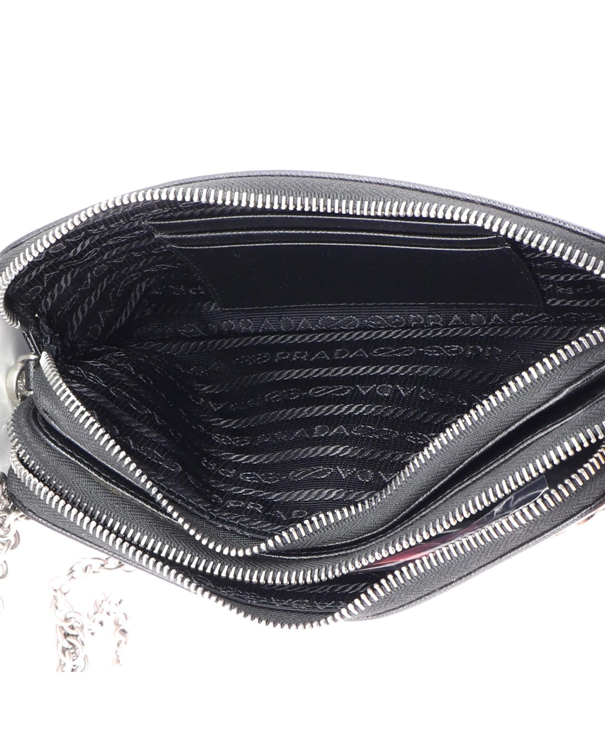 Pre-Owned Prada Monochrome Double Zip Wallet on Chain Crossbody Pin Embellished Saffiano Leather