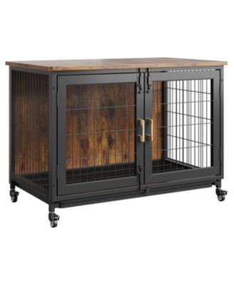 Decorative Dog Crate Wooden Kennel with Wheels and Removable Tray for Small to Medium Dogs Up to 66 lbs