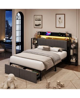 Full Upholstered Bed Frame with Hidden Headboard Storage Cabinet, Top Shelf, LED Lights, Charging Station, Pull Out Footboard Storage
