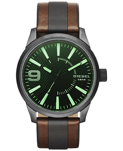 Diesel Men's Rasp Brown Leather and Black Polyurethane Strap Watch 46x53mm DZ1765
