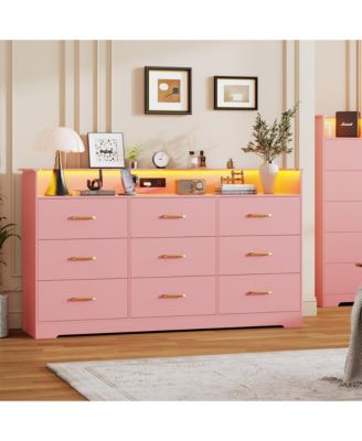9 Drawer Dresser for Bedroom, 65" Wide Chest with LED Light and Charging Station, Modern Large TV Organizer with Open Shelf for Living Room