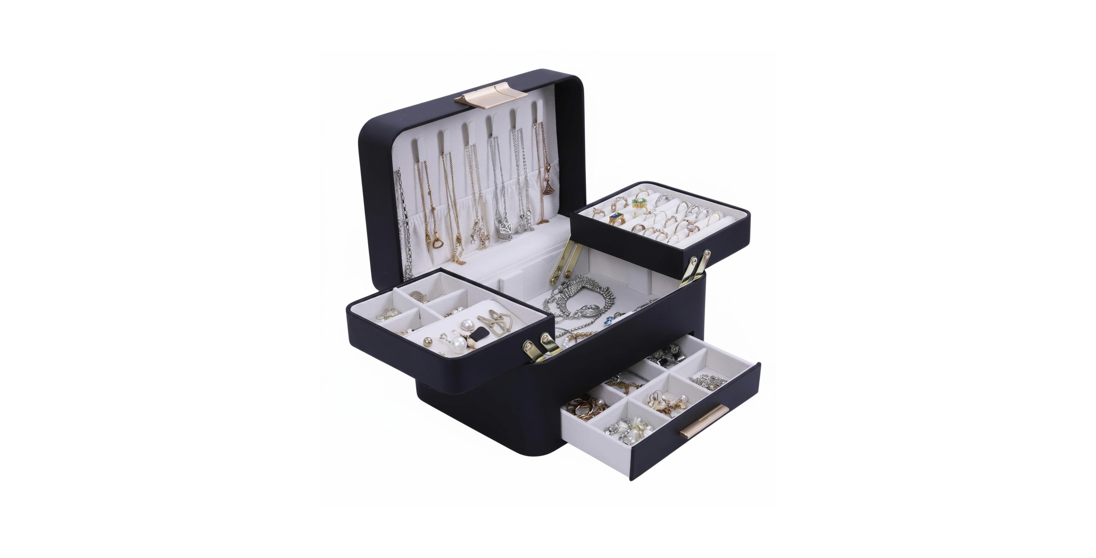 Yigii 3 Layers Jewelry Organizer Box with Drawers Pu Leather Storage for Earrings Rings Necklaces Bracelets