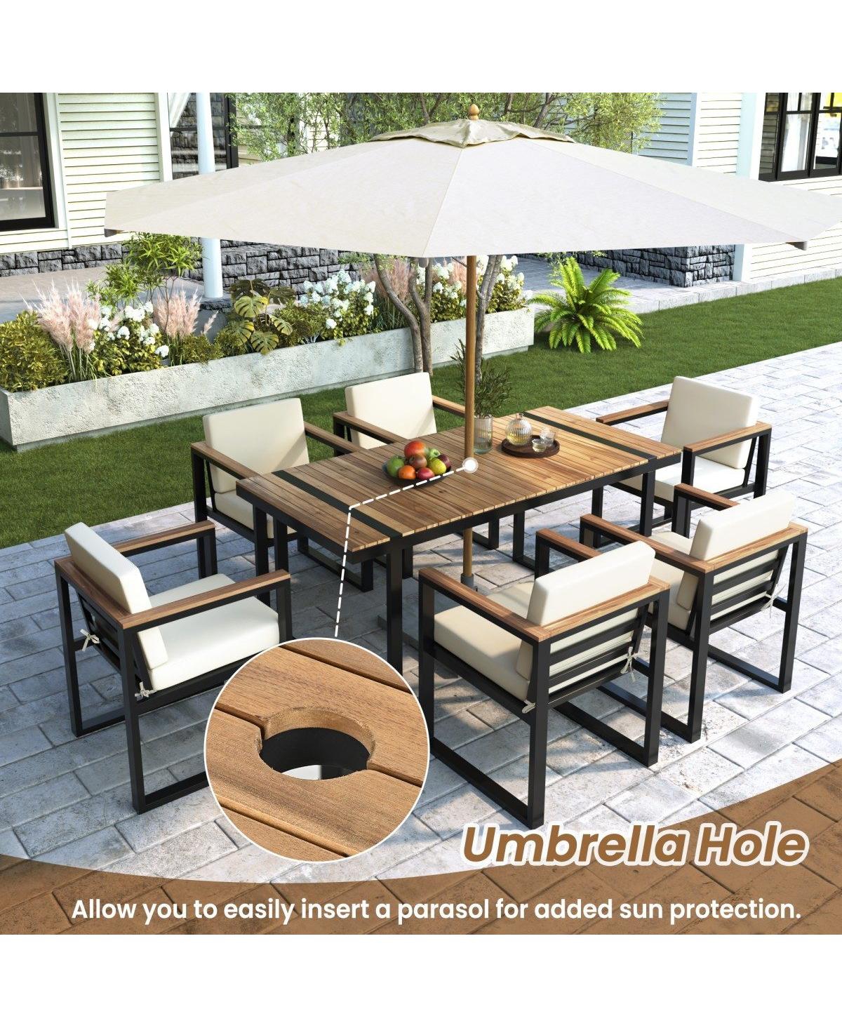 Asagikoiai 7-Piece Outdoor Patio Dining Set, Steel and Acacia Wood Table Chairs