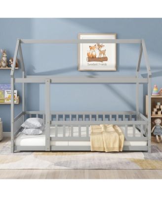 House Floor Wooden Bed with Roof Frame,Safety Guardrails