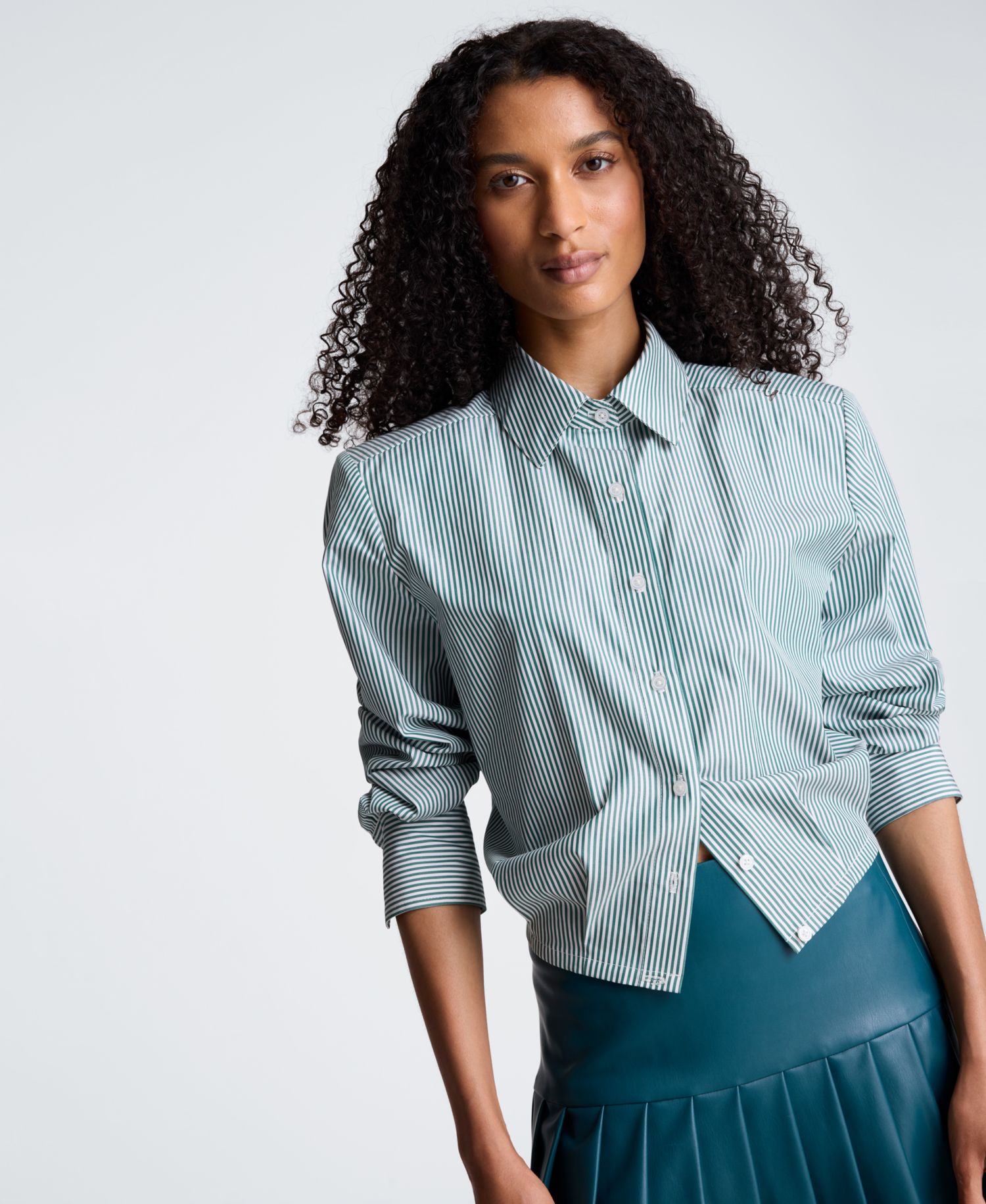 Women's Striped Shoulder Pads Button-Down Crop Shirt