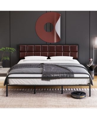 Modern Faux Leather Upholstered Platform Bed, Metal Steel Slats Construction, Underbed Storage Space, Optional Box Spring, Easy Assembly