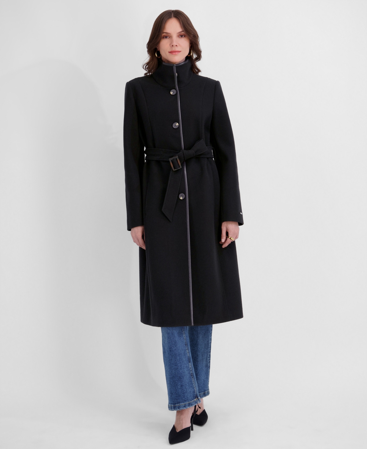 Tahari Women's Belted Faux-Leather Trimmed Funnel Neck Coat
