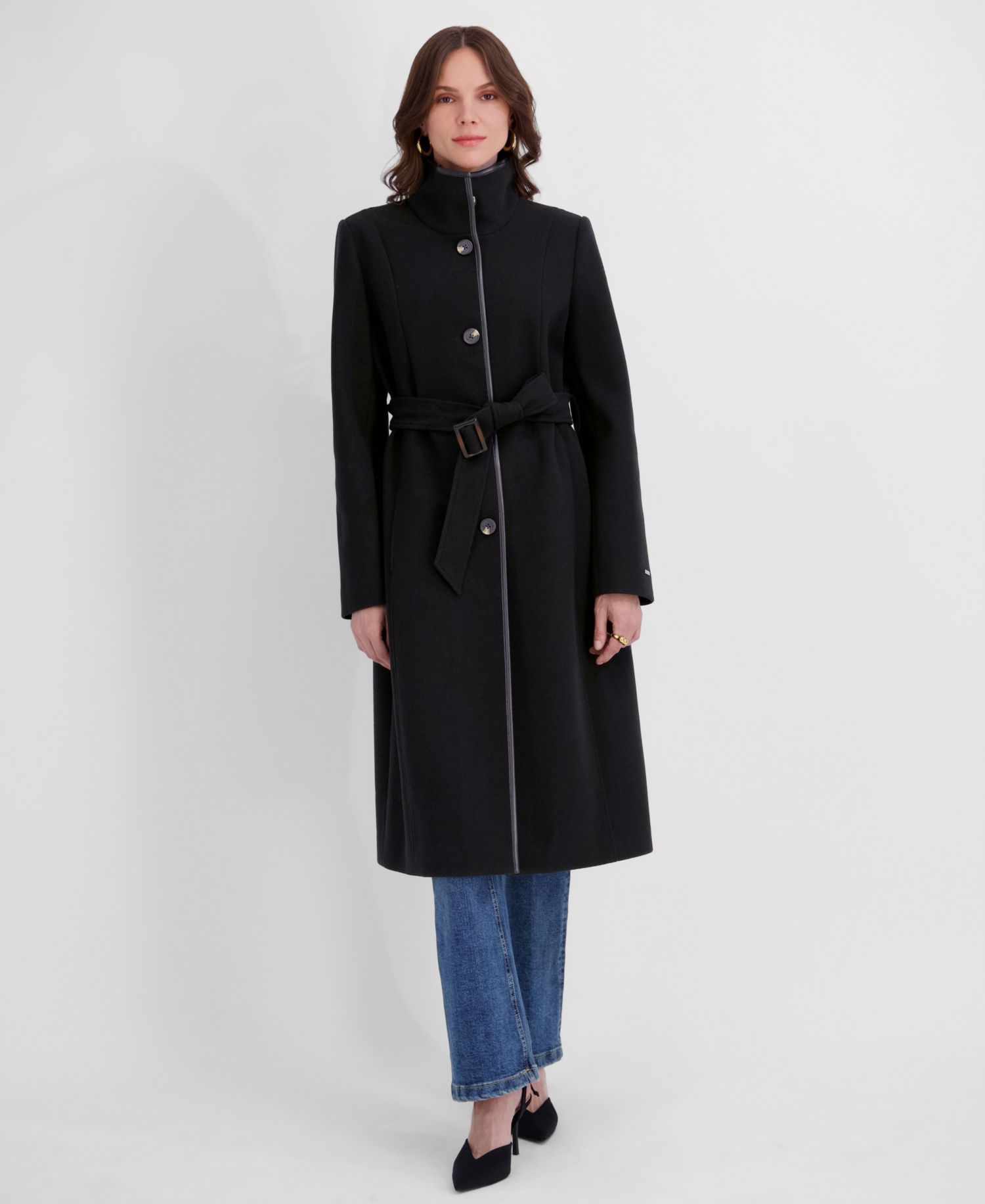 Women's Belted Faux-Leather Trimmed Funnel Neck Coat