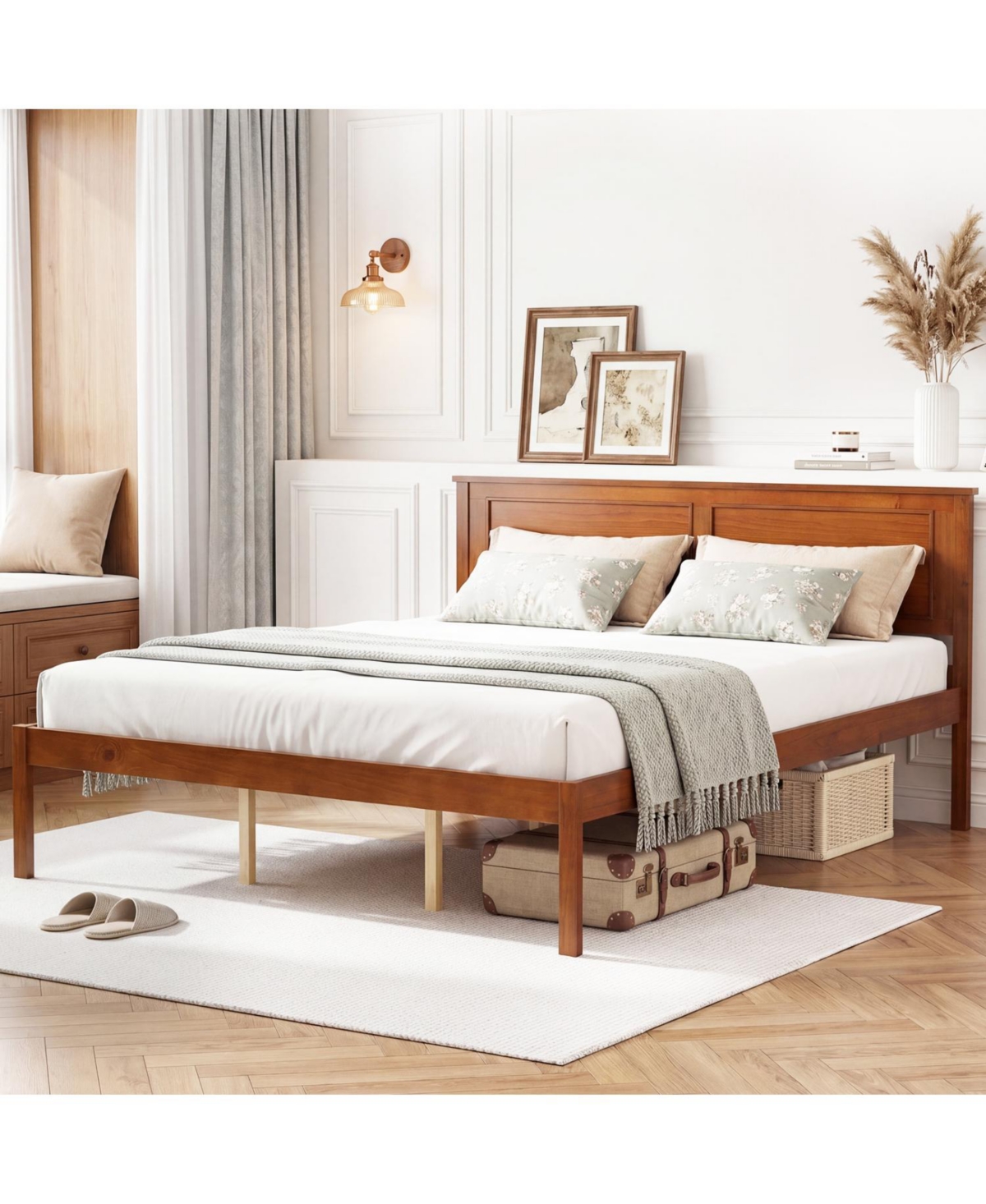 Slickblue Wooden Farmhouse Bed Frame with Platform Headboard