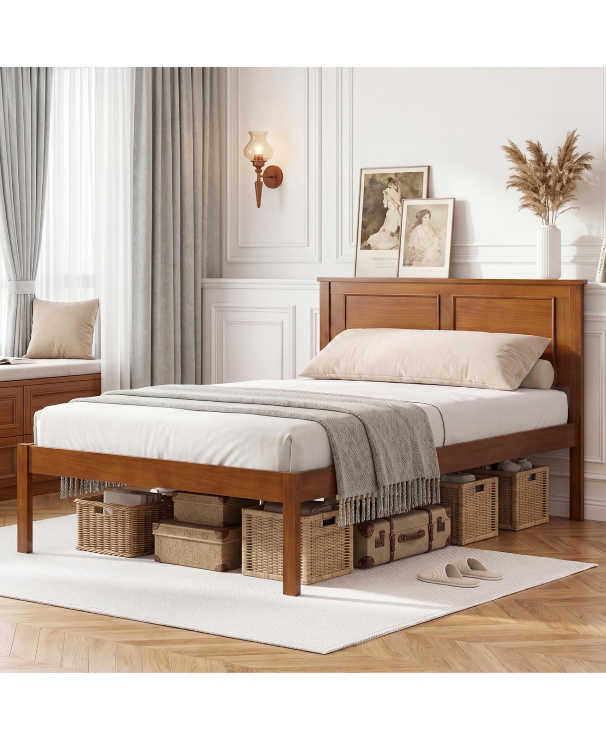 Slickblue Wooden Farmhouse Bed Frame with Platform Headboard