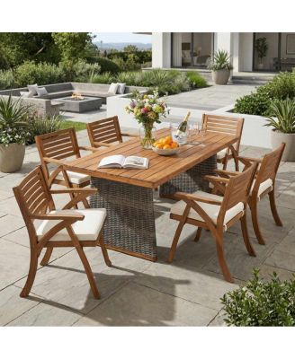 7-Piece Outdoor Patio Dining Set with 70" Acacia Wood Table and 6 Wicker Chairs