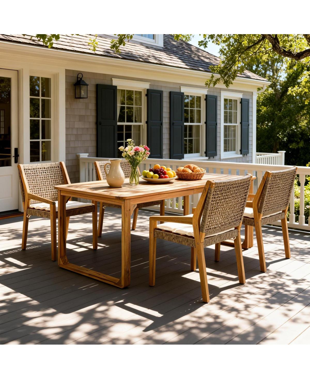 Asagikoiai 5-Piece Acacia Wood Outdoor Dining Set with Rope Back Chairs and Cushions