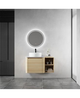 35.4 Inch Wall Mounted Bathroom Vanity with Ceramic Vessel Sink, Stone Top and Storage Shelves for Modern Bathrooms