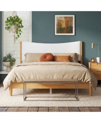 Queen Size Solid Rubber Wooden Bed with Boucle Upholstered Headboard, Support Feet