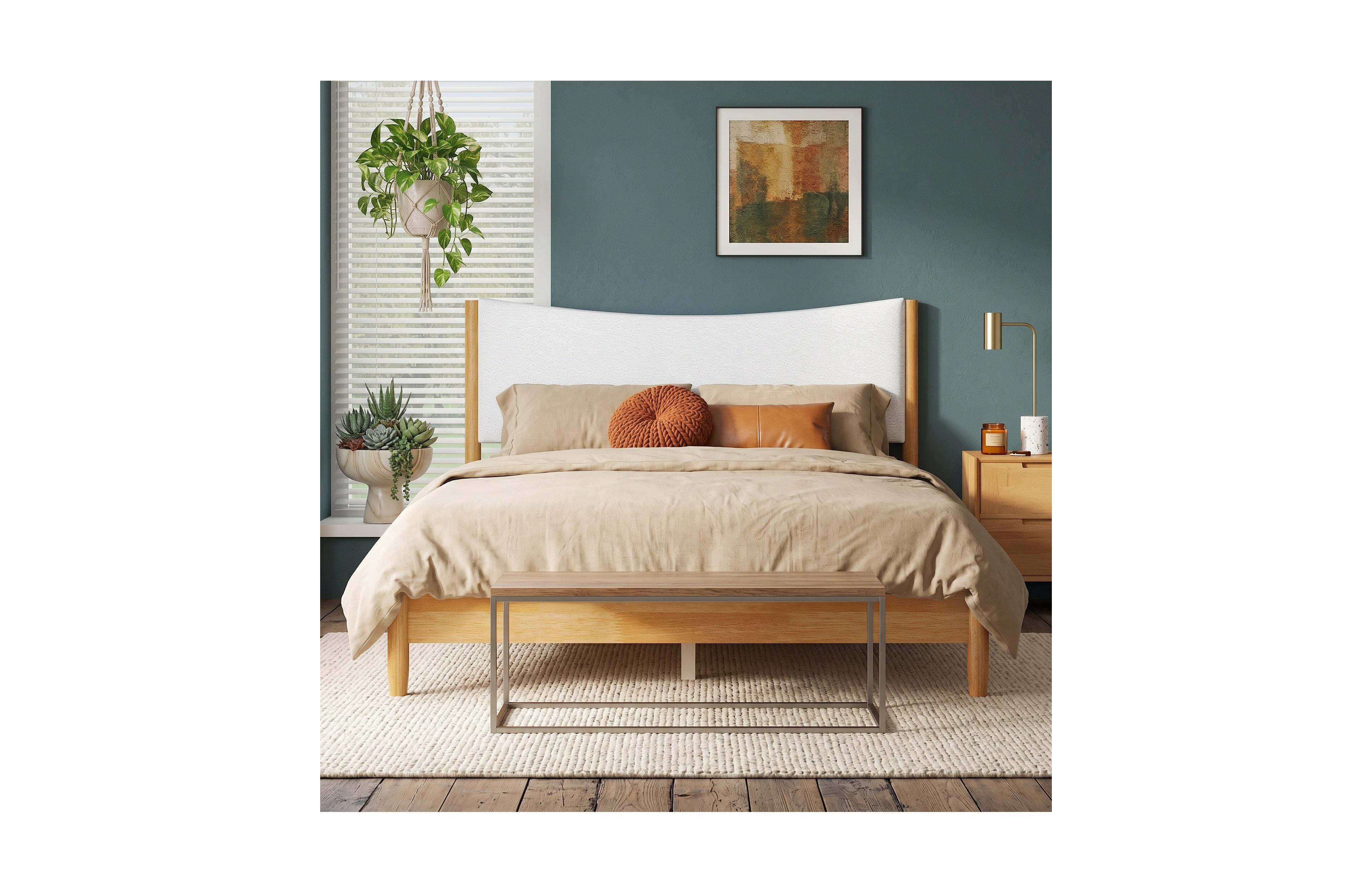 Sailvan Queen Size Solid Rubber Wooden Bed with Boucle Upholstered Headboard, Support Feet