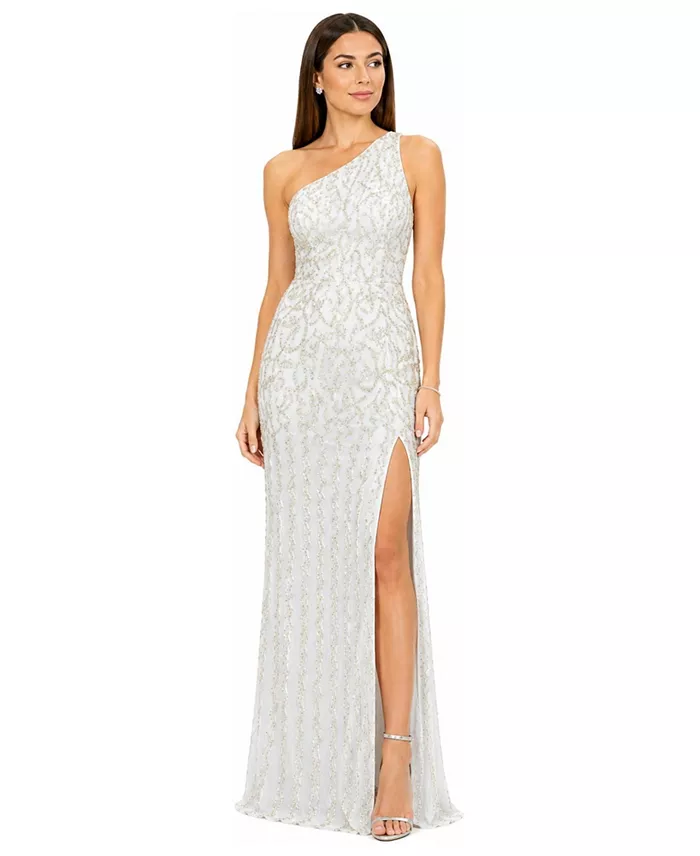 Women's One-Shoulder Beaded Gown with Slit - thumbnail 3