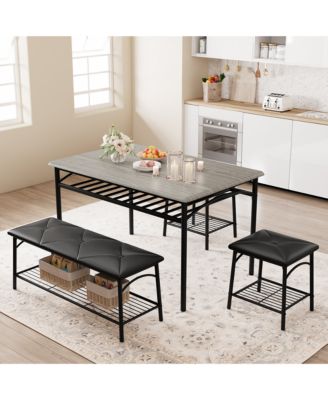 4-Piece Storage Dining Set, PU Padded Bench and Stools, Space Saving Engineered Wood Kitchen Furniture