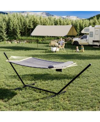 Double Hammock Set – Adjustable Steel Frame and Detachable Pillows, 2 Person Portable Hammock Supports 450 LBS for Yard, Patio or Garden
