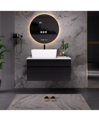   Floating Solid Wood Bathroom Vanity, Ceramic Vessel Sink 1-Hole, Soft-Close Drawer 2-Door Storage