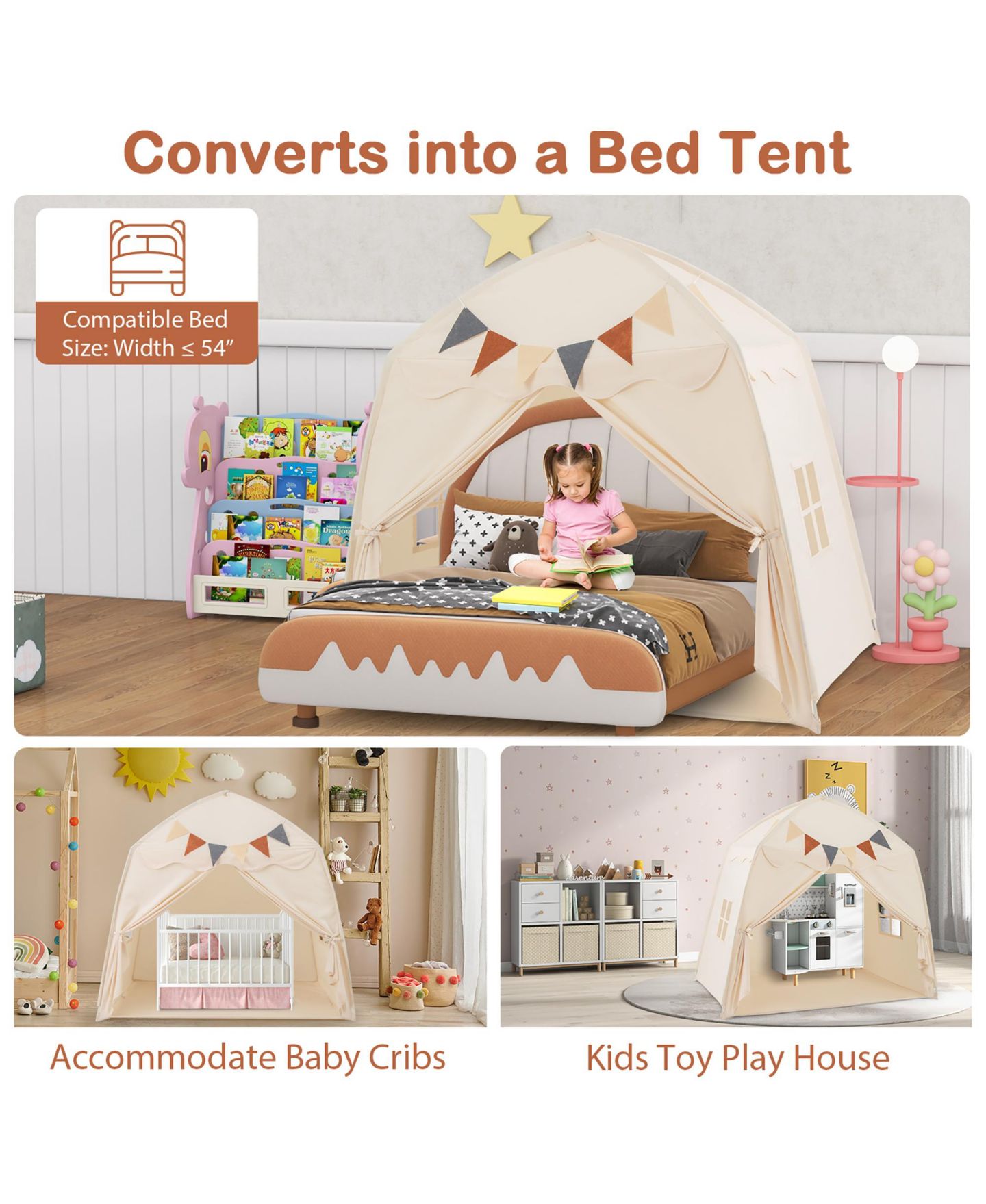Детская игрушка Gymax Kids Play Tent With Globe String Lights and Flags, Ages 3-12, цвет: Светлый бежевый — фото 7