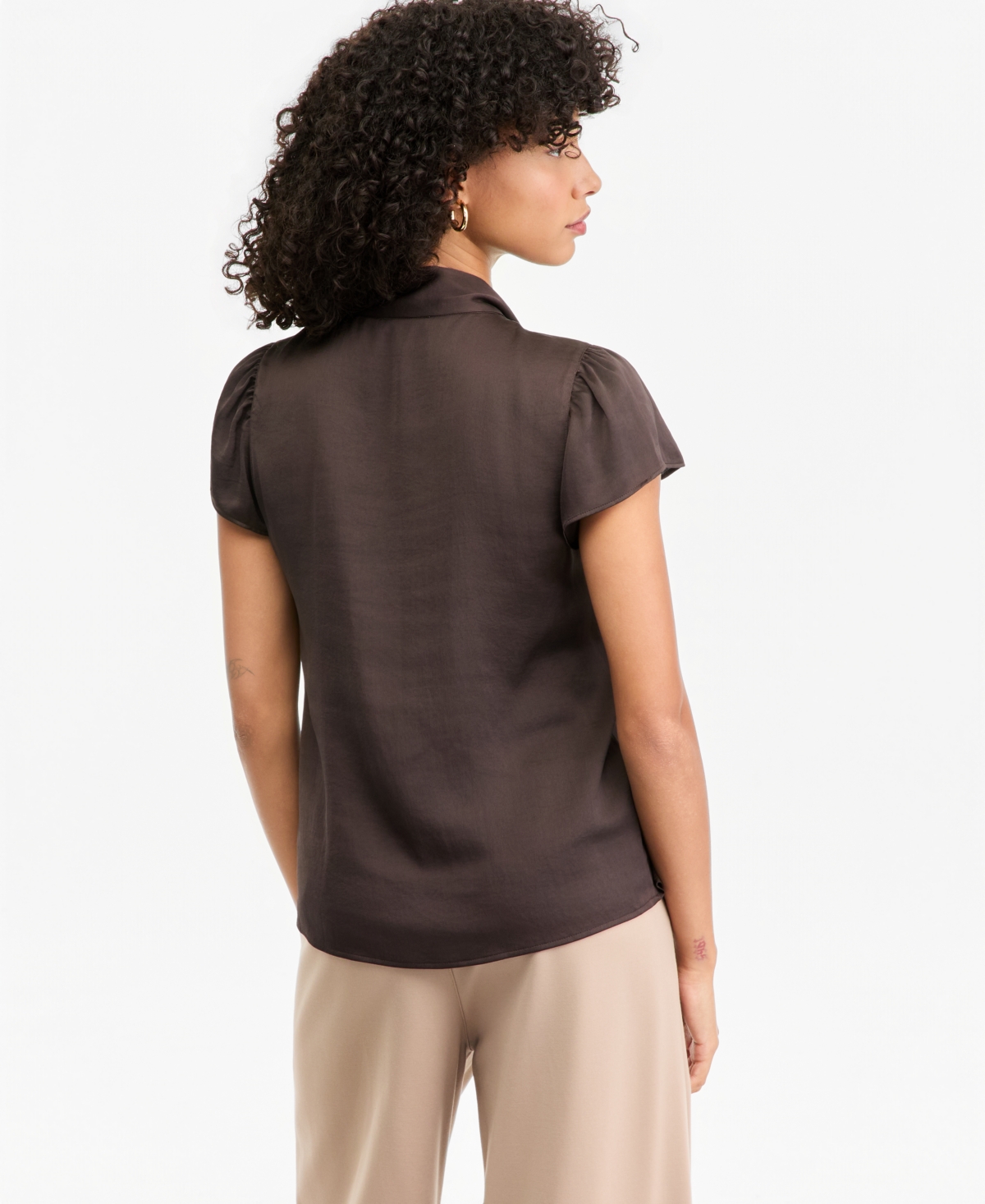 Bar Iii Women's Satin Tie-Neck Flutter-Sleeve Short-Sleeve Blouse, Macy's Exclusive