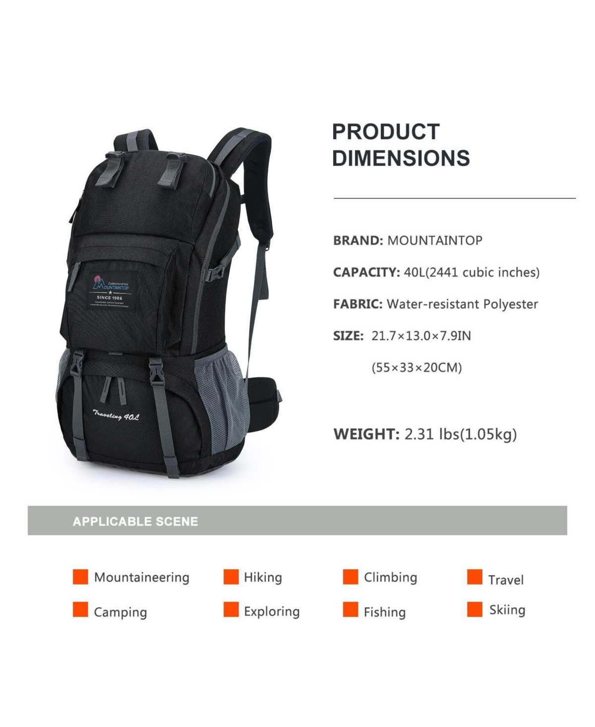 Mountaintop 40 Liter Hiking Backpack with 3 Hydration Bladder for Women Men Outdoor Travel Camping Day Pack Rain Cover