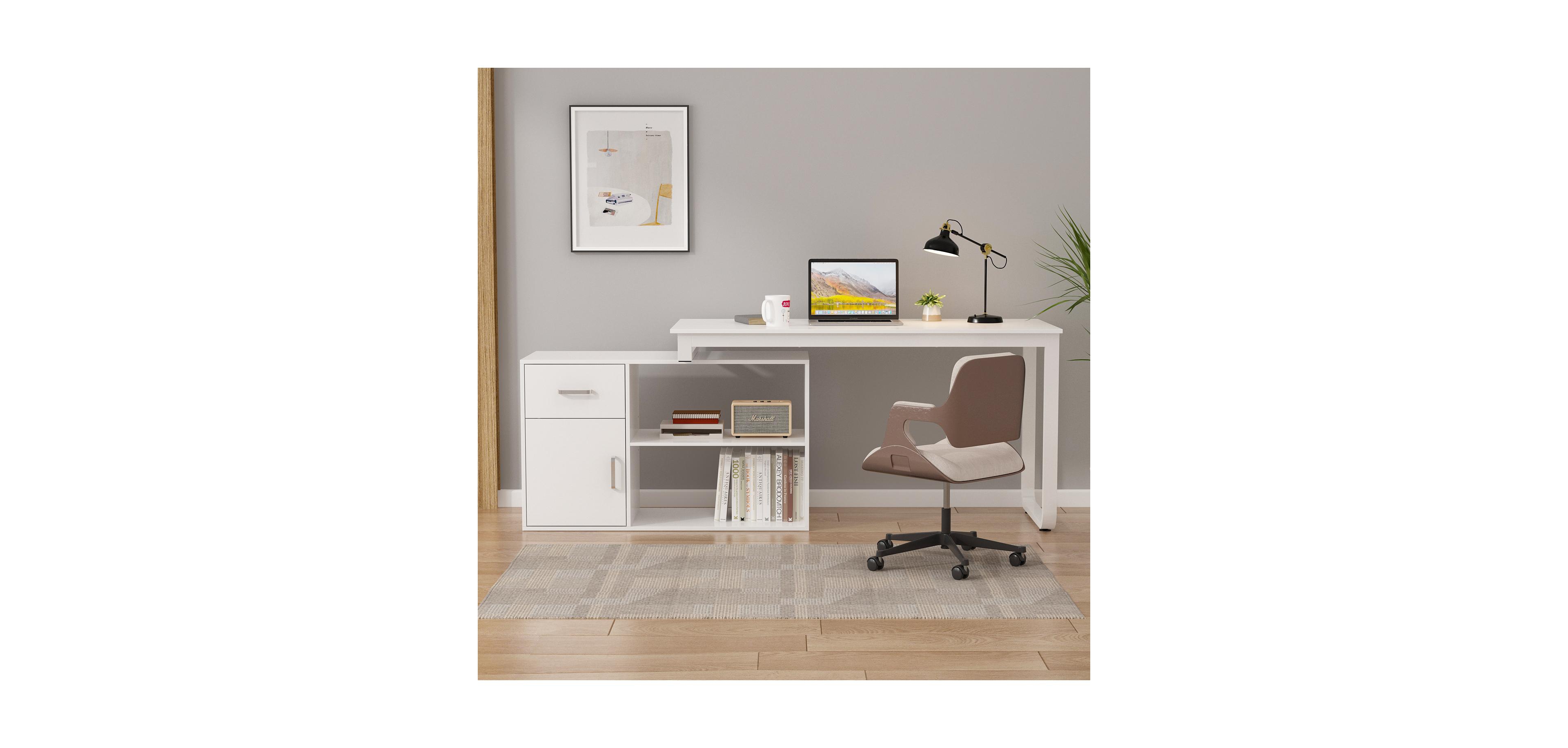 Homsee Corner Desk with Storage - L-Shaped Computer Table and Cabinet Combo Writing Desk with Drawer and Shelves