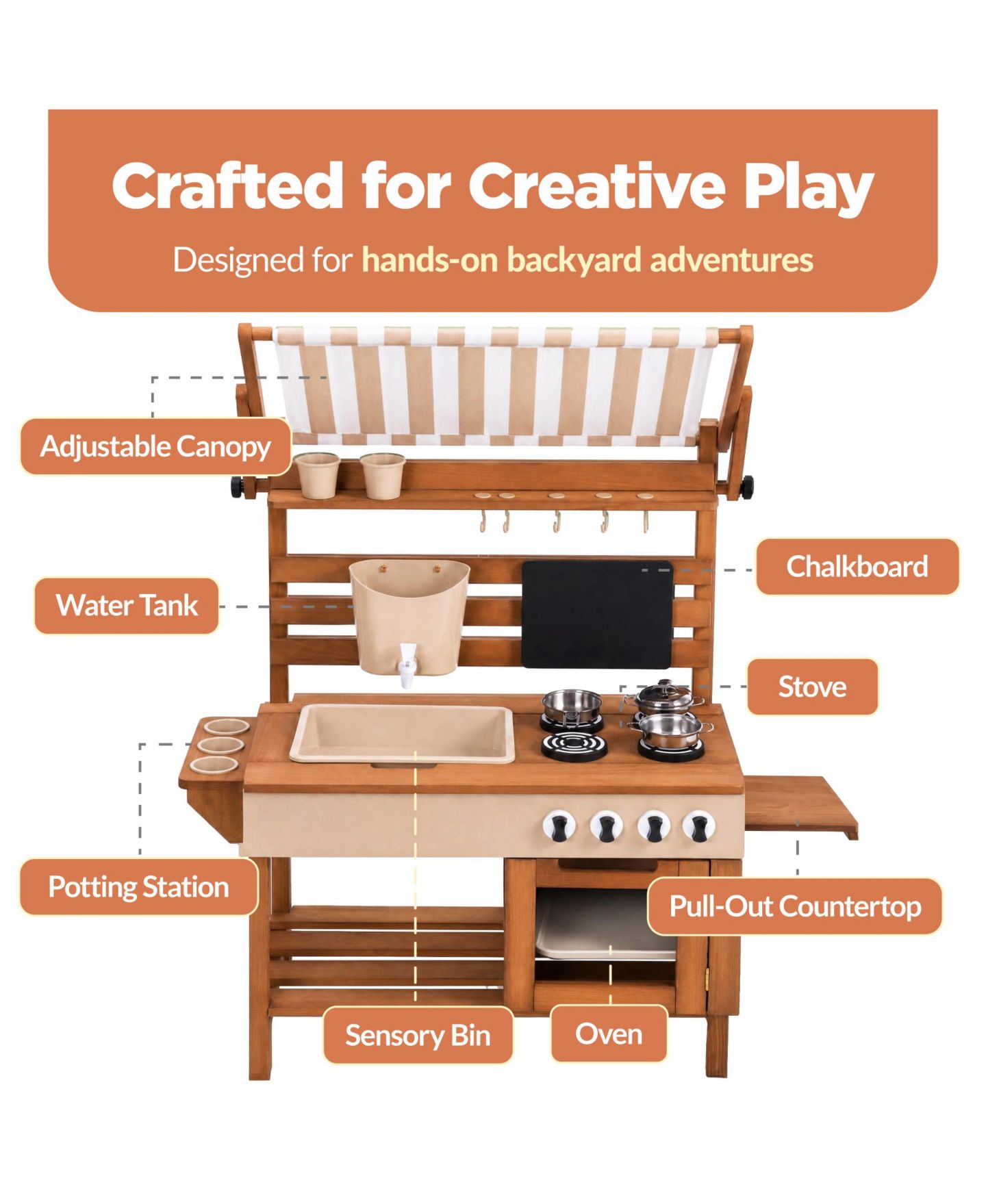 Детские игрушки Best Choice Products Deluxe Wooden Outdoor Mud Kitchen for Kids with Canopy, Water Tank, Faucet and 11pc Accessories, цвет: Бежевый — фото 5