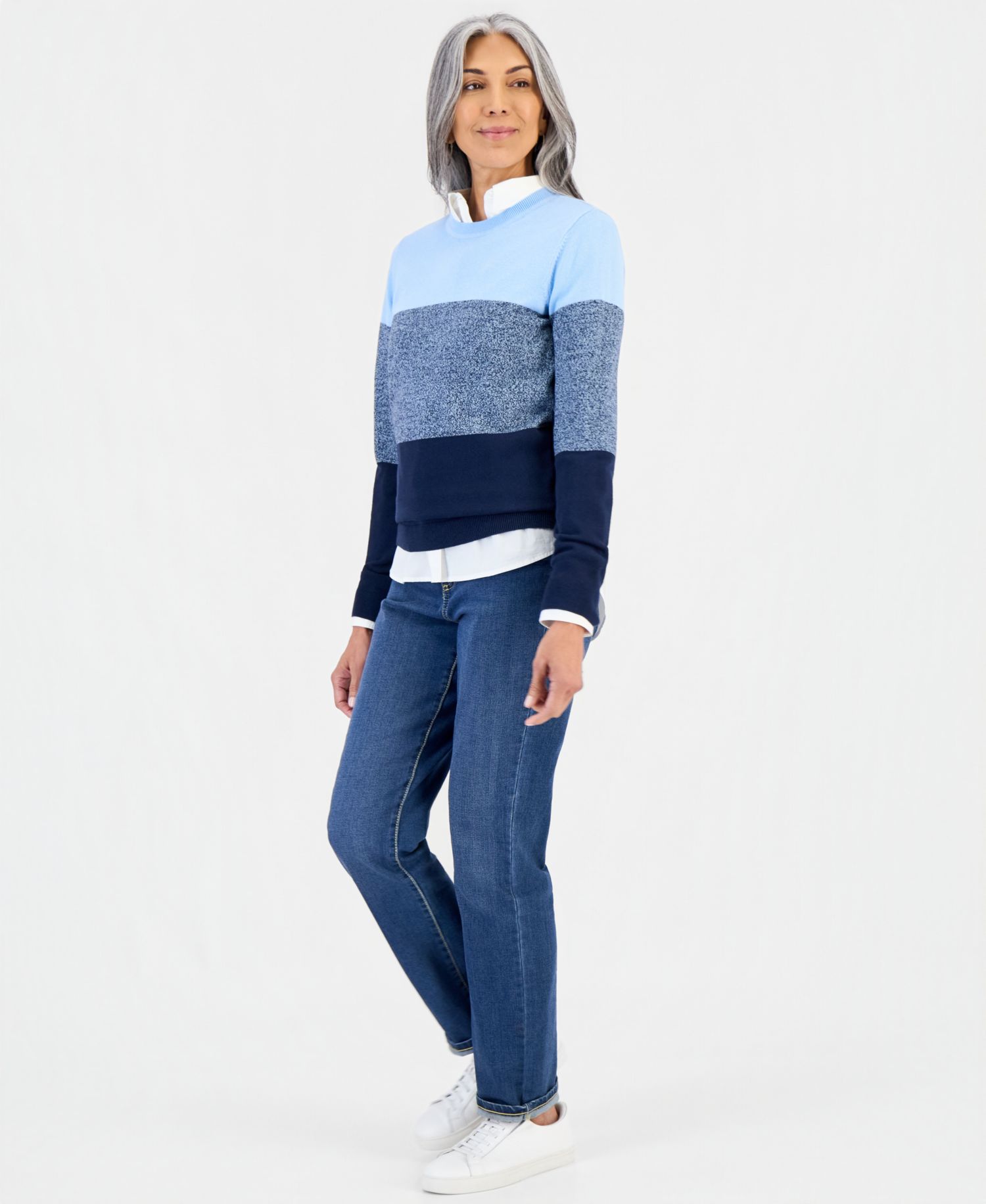 Petite Cotton Colorblocked Curved-Hem Sweater