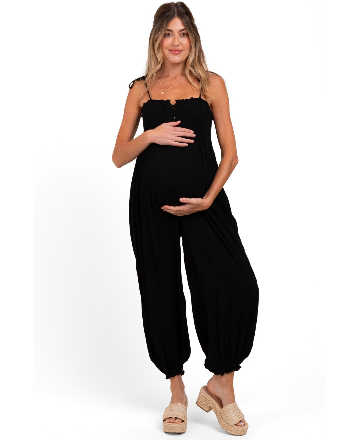 Pinkblush Maternity Black Smocked Button Front Shoulder Tie Jumpsuit