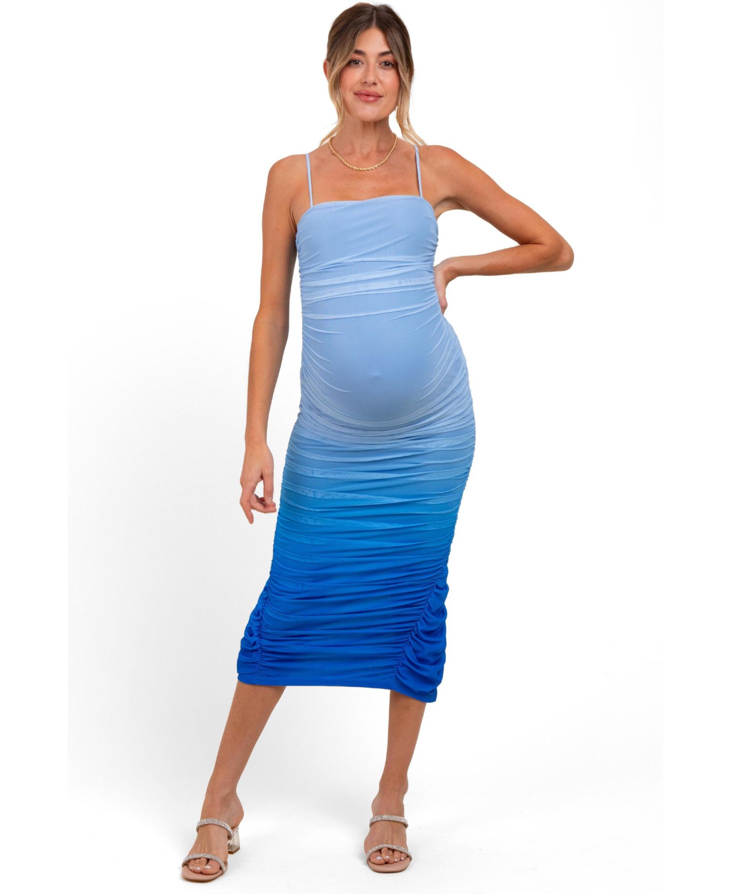 Women's Blue Mesh Ombre Ruched Midi Dress