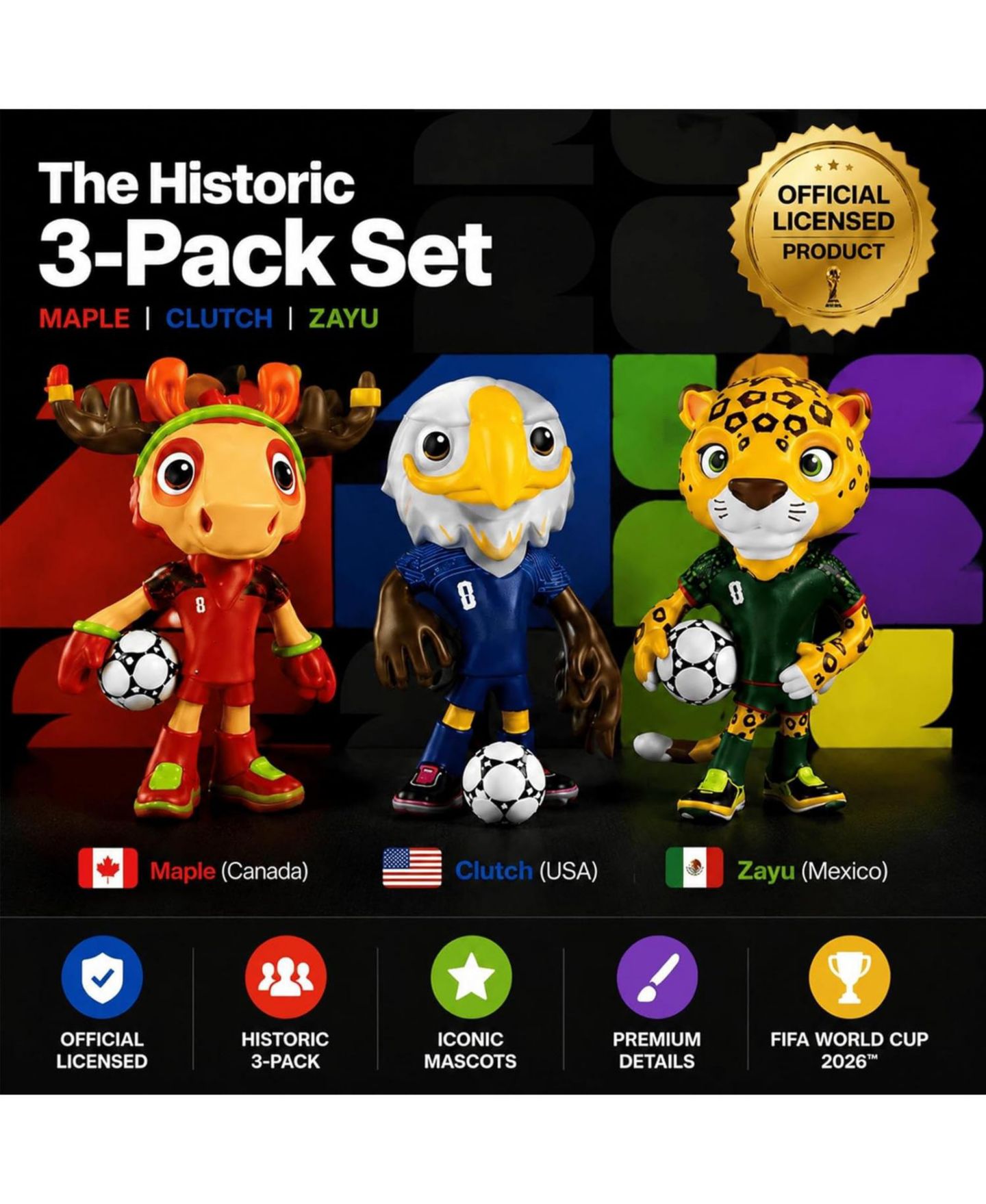 Детские фигурки FIFA 2026 World Cup Maple, Zayu and Clutch 5"H 3-Piece Figurine Set, 14+ — фото 5