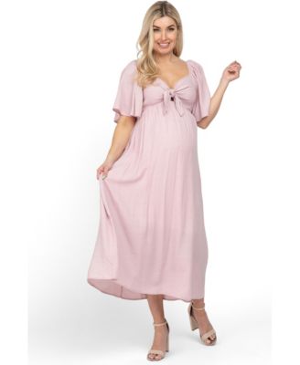 Women's Maternity Plum Front Tie Ruffle Sleeve Midi Dress